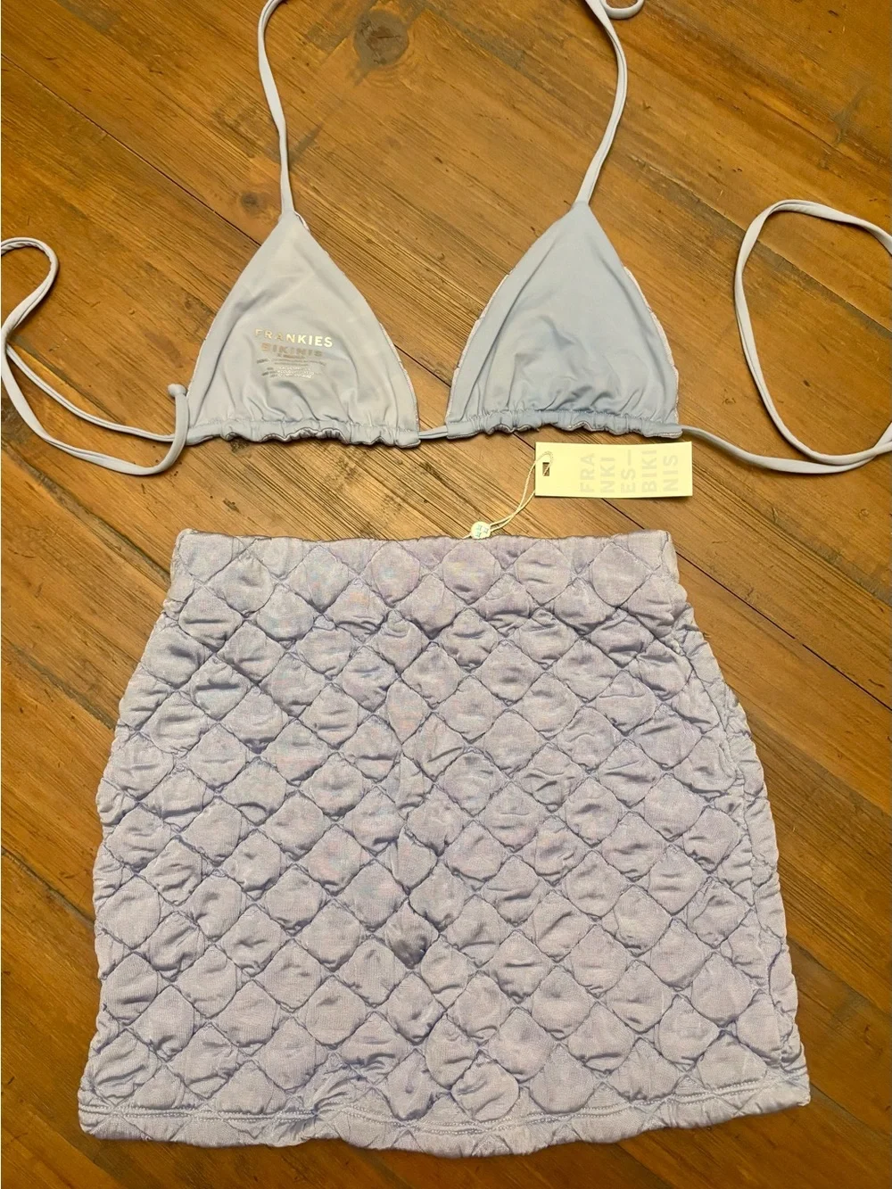 NWT Frankie’s bikinis quilted blue puff triangle top and skirt set